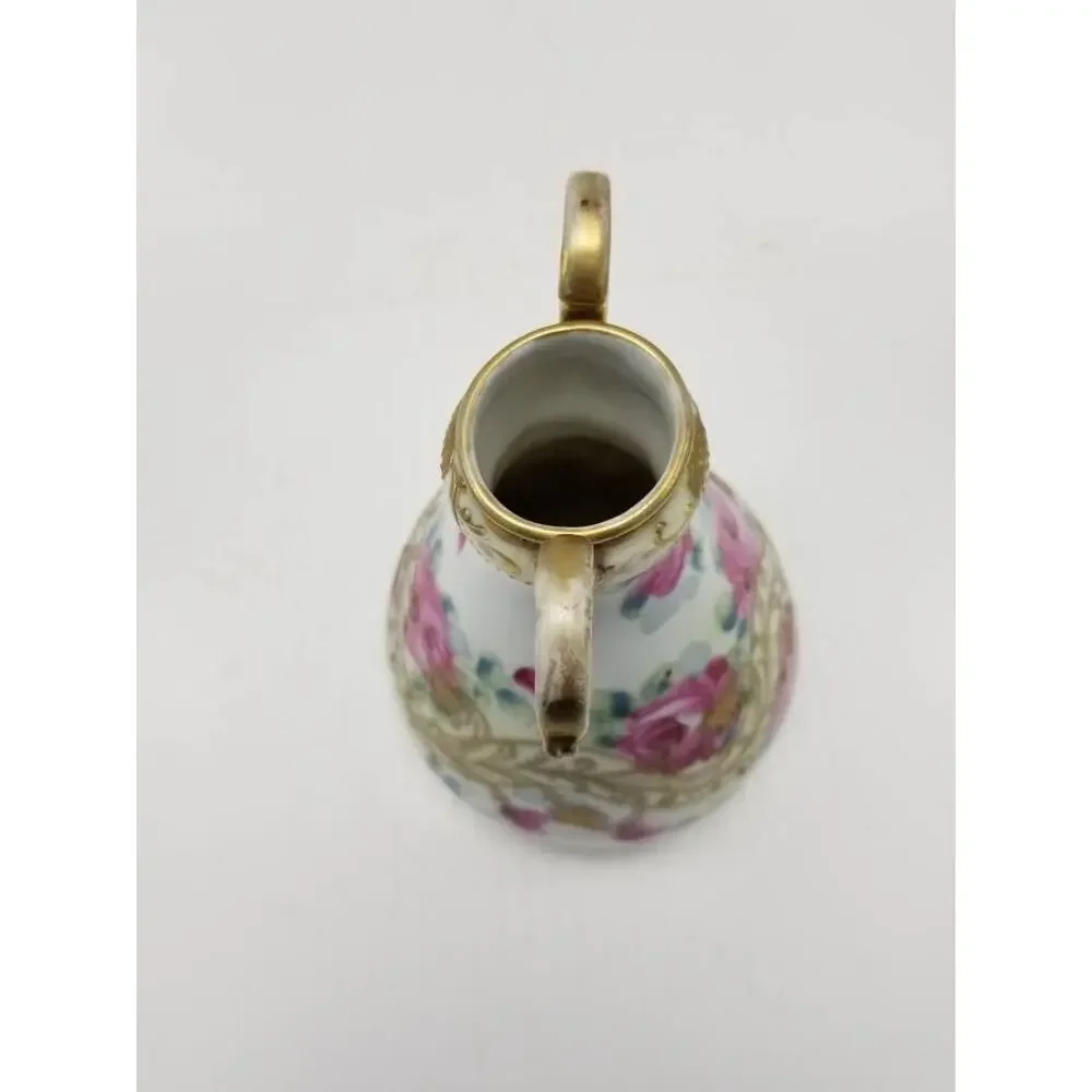Antique Nippon Maple Leaf Vase Pink Roses Moriage Gold Double Handle (Repaired)